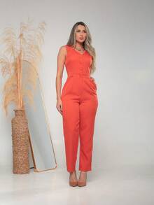 Women's Tailored Jumpsuit With Button At The Front C3154 - Orange - View 1