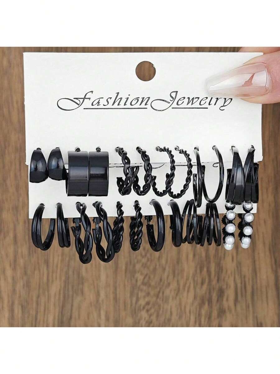 12 件套黑色耳环套装，含仿珍珠耳环，跨境新款 - 黑色 - 查看 1