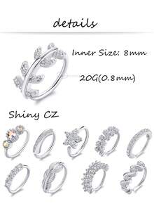 10 sztuk błyszczących kolczyków do nosa ze stali nierdzewnej platerowanych złotem/srebrem, z cyrkoniami AAA+, wzory kwiatowe/piórowe/gwiazdkowe, damskie – odpowiednie do noszenia na co dzień, na imprezy i jako biżuteria do ciała - Srebro - Zobacz 2