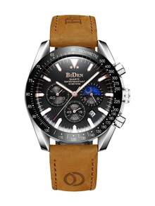 BIDEN 男士腕表，休闲运动计时表，带夜光、日期显示，男士商务石英表。防水，真皮表带 - 均碼 - 查看 13