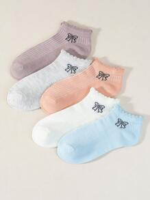 5双随机儿童芭蕾舞风格蝴蝶结短袜，适合女孩和年龄稍大的孩子夏季穿着，糖果色透气短袜，可爱清新蕾丝百搭袜