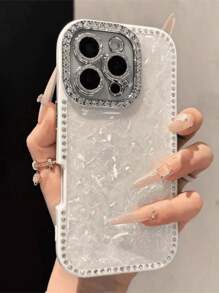 奢华激光水钻纹理手机壳,兼容 17 Pro Max/16 Pro Max/15/14/13,珍珠手链设计,防震保护,硬质边框 - 白貝殼紋 - 查看 3