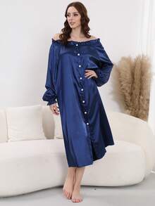 Satynowa koszula nocna z falbanką dla kobiet, rozkładana piżama z odkrytymi ramionami i długim rękawem, wygodna sukienka domowa, przytulne stroje