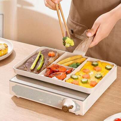 1pc Fluorine-Coated Divided Baking Tray, 10 Inch (Approx. 27 Cm), 4 Compartments, Suitable For Frying Pans, Stoves, Gas, Electric, And Induction Cookers, PFOA-Free, Aluminum Seafood Boiler