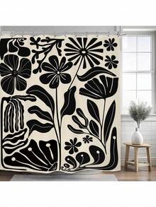 Black Matisse Flower Shower Curtain, Vintage Abstract Floral Leaves Aesthetic Retro Art 70s Modern Bathroom Set Accessories Decor With Hooks - Matisse Đen - Xem 2