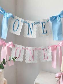 一套“ONE”字母蝴蝶结背景横幅，一周岁生日丝带横幅，适合男孩、女孩、仙女宝宝拍照道具、派对装饰、迎婴派对、生日装饰 - 彩色 - 查看 3