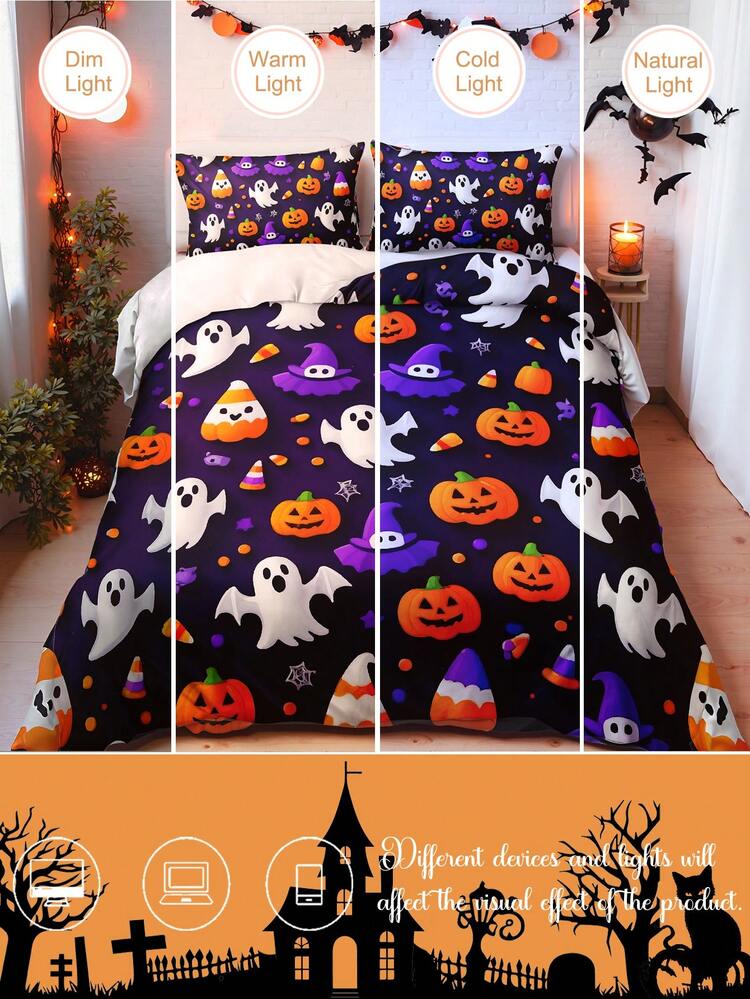3pcs Halloween Candy Party Pumpkin & Ghost Cartoon Digital Print Bedding Set (1 Duvet Cover + 2 Pillowcases, No Filler), Suitable For Room Decoration, Holiday Style, Polyester Fiber Soft And Skin-Friendly, Suitable For Bedroom, Master Bedroom, Guest Room, All Seasons - Multicolor - View 7