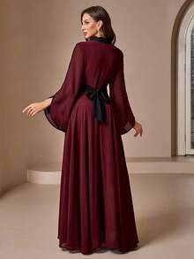 Women's Embroidered V-Neck Color Block Elegant Dress - Burgundy - View 2