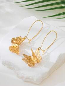 1 Pair Fashionable Hollow Double-Layer Butterfly Pendant Earrings For Women - Yellow Gold - View 2