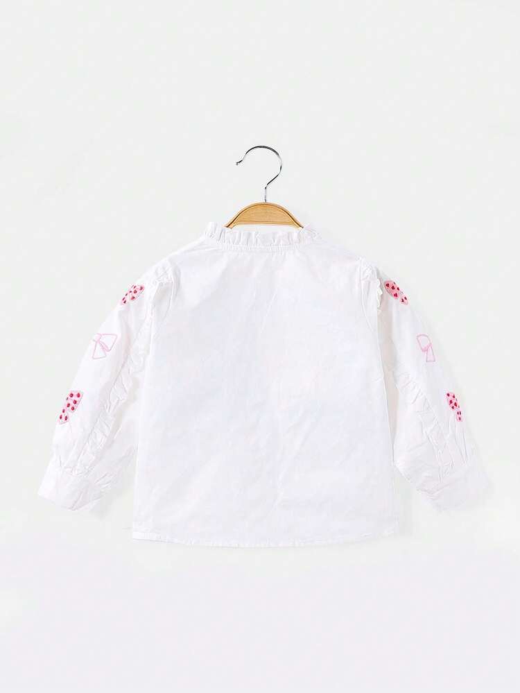 1pc Girls' Sweet Embroidered Bow Decor Frill Trim Long Sleeve Blouse, Spring/Autumn - White - View 3
