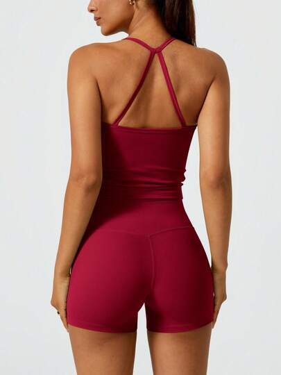  NcmRyu Women's Halter Backless Yoga Top & Booty Shorts Activewear Set, Seamless Yoga Outfit