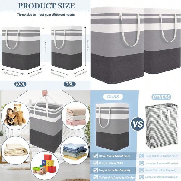 DAWNTREES Laundry Basket 2Pack 100L Waterproof Laundry Hamper Collapsible Laundry Bag With Extended Handles Laundry Room Organization Laundry Baskets For Clothes Toys