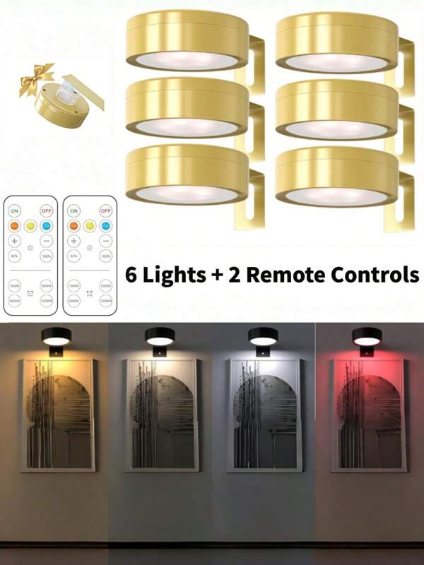 1/3/6pcs Wireless Metal Wall Art Battery-Powered LED Picture Lights, With Magnetic Wireless Wall Lamp, Fairy Lights, Lamps, Led Lights, Night Light, Lighting, Book Light, Led Lights For Room - Adjustable Color Temperature, Timer, Remote And Press Control - Perfect For Gallery, Stairs, Corridors