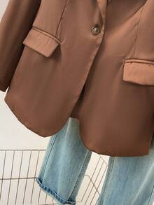 女士优雅长袖尖领西装外套，聚酯纤维面料，纽扣细节，常规版型和长度，无弹力设计 - 棕色 - 查看 9