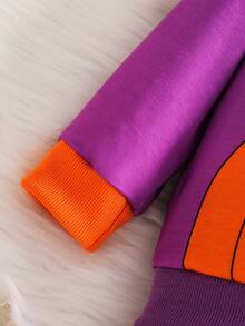 Set 2 buc. Hanorac și pantaloni cu guler rotund și mânecă lungă pentru bebeluși băieți, cu imprimeu de dovleac și liliac, potrivit pentru toamnă - Mov Mov - Vizualizare 5