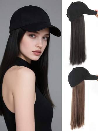 Gorra de béisbol con extensiones de cabello para mujeres, gorra ajustable con pelucas sintéticas adjuntas de cabello liso largo negro, adecuada para uso diario por mujeres y reuniones