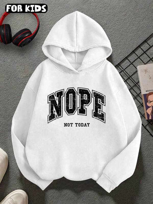 Felpa con cappuccio a maniche lunghe con stampa di slogan e scritte, casual, per ragazzi, ragazze e adolescenti, primavera/autunno, vestibilità ampia, spalle scese, colore bianco