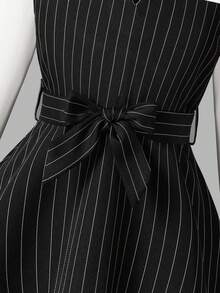 2pcs/Set Fashionable Girls' Spring/Autumn Outfit, Including Collared V-Neck Colorblock Long Sleeve Top And Striped Elastic Waist Straight Leg Pants, Elegant Suit Style, Comfortable And Versatile For Outdoor, Party, Afternoon Tea, Birthday Gift