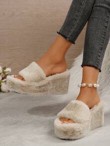 女士休闲可爱毛绒一脚蹬拖鞋，厚底坡跟，适合室内外穿着，春秋季，毛茸茸的鞋子 - 杏色 - 查看 7