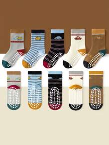 5 双儿童防滑卡通汽车条纹橡胶圆点地板袜，幼儿男童女童宝宝软底室内休闲中筒袜，适合日常穿着 - 彩色 - 查看 2