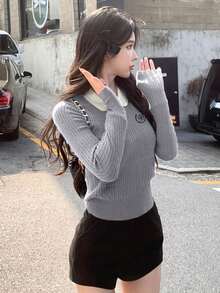 Women Sexy Peter Pan Collar Contrast Color Knit Sweater, New Fall/Winter Basic Pullover Sweaters With Embroidery - Grey - View 4