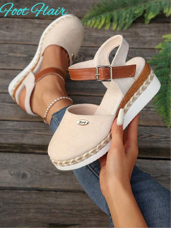 Sandálias de praia femininas Foot Flair tamanho extra grande, patchwork, fivela única, slingback, sola de corda de cânhamo, novas sandálias romanas leves de plataforma para o verão