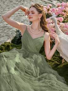 Faeriesty Elegant Women's Evening Gown With Delicate Thin Straps, Sheer Tulle Fabric, And Tiered Ruffle A-Line Skirt | Sophisticated Formal Dress For Wedding Receptions, Masquerade Balls, Mystical Garden Parties, Formal Dinners, Black-Tie Events, Graduation Dress & Birthday Women Outfits,Spring Dresses Summer Outfits - Green - View 6