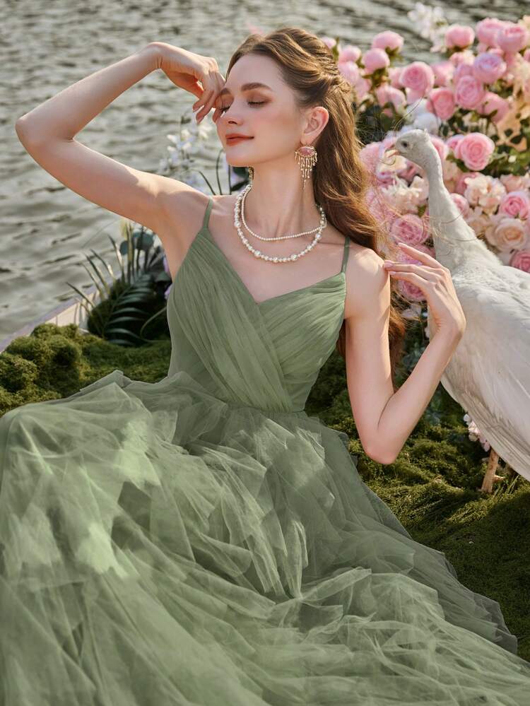 Faeriesty Elegant Women's Evening Gown With Delicate Thin Straps, Sheer Tulle Fabric, And Tiered Ruffle A-Line Skirt | Sophisticated Formal Dress For Wedding Receptions, Masquerade Balls, Mystical Garden Parties, Formal Dinners, Black-Tie Events, Graduation Dress & Birthday Women Outfits,Spring Dresses Summer Outfits - Green - View 5