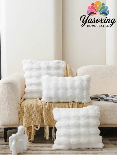 1个白色仿毛皮装饰枕套（不含枕芯），现代法兰绒绒面枕套，带拉链封口，适用于家居、沙发、客厅