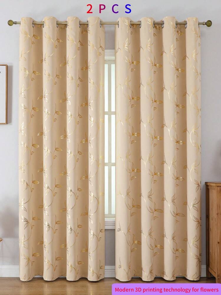 2pcs Beige Floral Blackout Thermal Curtain Panels, Modern Printed 3D Floral Design, Suitable For Living Room, Bedroom, Dining Room Home Decor, Room Decoration - Beige Gold - View 3