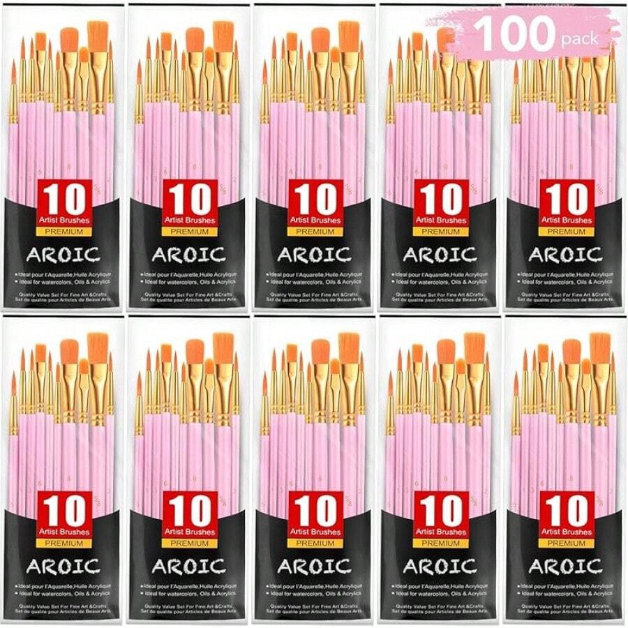 60 Pcs Acrylic Paint Brush Set, Oil & Watercolor - Professional Artist Brushes With Wooden Handle Nylon Hair Brushes - Bulk Art Supplies Adults, & Beginners - 粉色 - 查看 1