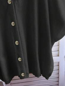 FOR BEAUTY 女士宽松V领纽扣短袖针织上衣，黑色，宽松休闲度假风轻薄开衫毛衣，春夏款 - 黑色 - 查看 10