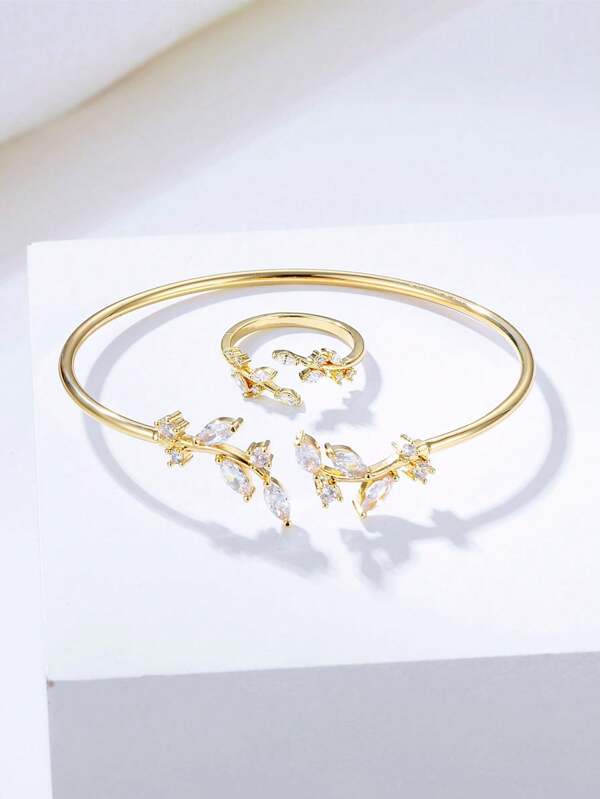 16K Gold Plated Minimalist Leaf Shaped Open Bangle Bracelet & Ring Set