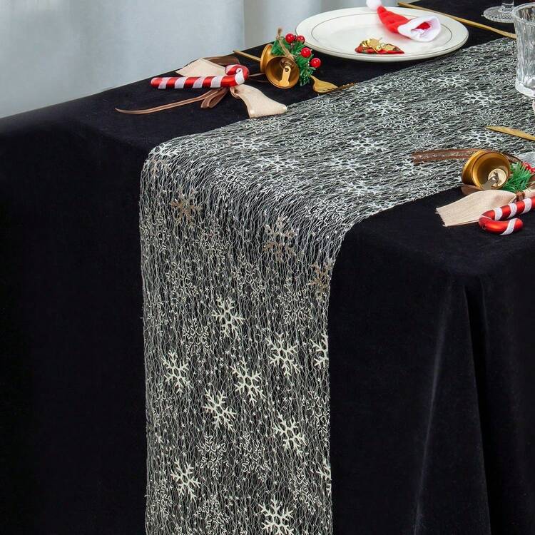 1/2 件 11.02*108.27/196.85 英寸圣诞透明网眼银色雪花桌旗，冬季雪花桌旗适用于婚礼装饰、圣诞节、厨房餐桌装饰、餐桌、派对桌布、新年圣诞餐桌装饰 - 純色 - 查看 3