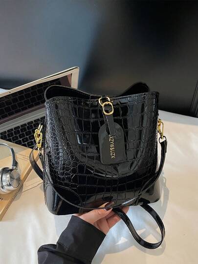 女士大容量压花水桶包，3 个口袋，简约休闲单肩包/斜挎包，用途广泛