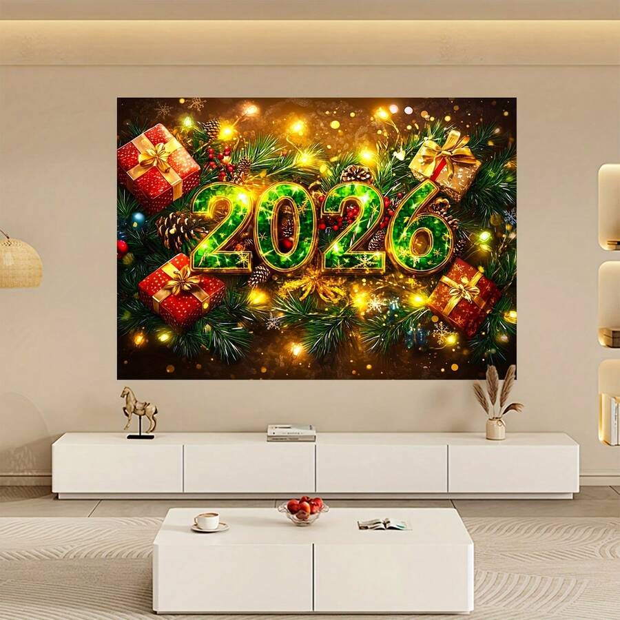 1 Piece Of 2026 New Year Celebration Backdrop - Dazzling Green And Gold Tones, With Red Gifts, Golden Pine Branches And Bright Yellow Lights, Suitable For Christmas, New Year Celebrations, Holiday Gifts, Weddings, Proposals, Birthdays, Anniversaries, Theme Parties, Event Displays, Bedrooms, Living Rooms, Gardens And Outdoor Decorations, Studio Props