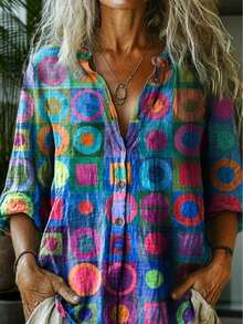 Boho Geometric Print Button Down Shirt For Women – Loose Fit Colorful Long Sleeve Top With Retro Circle And Square Pattern – Lightweight Casual Blouse For Art-Inspired Spring & Summer Outfits(Not Bulky & Good For Layering) - Xanh đậm - Xem 4