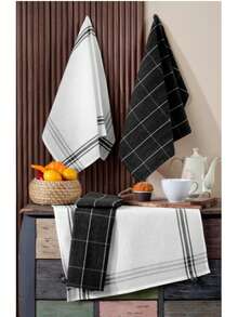 4-delat set med kökshanddukar och servetter – 50x70 cm – 100 % bomull, absorberande, slitstark och maskintvättbar – Tillverkad i Turkiet - Svart - Visa 4