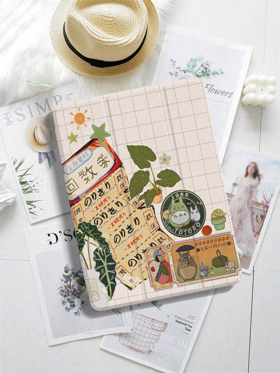 1 Pcs Vintage  Design Pattern Trifold Stand Tablet Case With Pencil Holder Tablet Case, Anti-Fall IPad Stand, Foldable Non-Slip Adjustable Stand, Flexible Hybrid Protective Case, Suitable For IPad Air 4/5 (10.9-Inch), IPad 7/8/9 (10.2-Inch) 5/6/Air 1/2 (9.7-Inch), Air 3 (10.5-Inch), Pro (11-Inch) 10th Generation, 12.9-Inch, 13-Inch Tablet Case,  S6/A7/A8/A9/S7/S8/S9/S10/S9FE Tablet Case - 彩色 - 查看 1