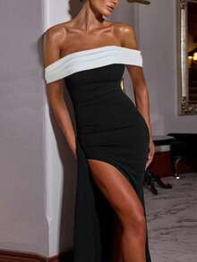 Women Solid Side Slit Off Shoulder Skinny Long Dress Bodycon Elegant Sexy Party Dress Evening Clothes