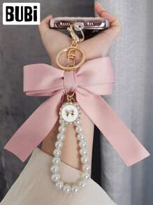 Pearl Bow Keychain For Women Female Lady Girls Fashion Ornaments Universal Bag Pendant Car Key Chain Wristlet Handbag Decoration Holiday Gift Auto Accessories