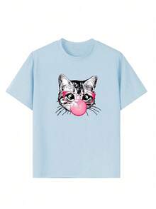 Tween Girl Casual Graphic Print Crew Neck Short Sleeve T-Shirt, Summer Top - Baby Blue - View 4