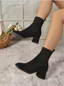 1 Par de Botas Femininas de Cor Sólida, Sexy, Retalhos de Tecido, Cano Médio, Salto Grosso, Adequado para Festa, Todas as Estações