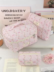 1 件/3 件可爱粉色花卉化妆包可爱蝴蝶结印花化妆品收纳包柔软面料化妆收纳包泡沫绗缝化妆包时尚粉色条纹印花化妆包大容量旅行洗漱包便携式化妆手提包拉链旅行必需品收纳包休闲化妆手拿包 - 粉色 - 查看 3