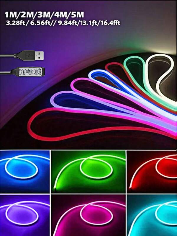 Fita de Luz Neon RGB 5V com Interface USB, Interruptor de 3 Teclas, Regulável, Controlável por Várias Cores, Adequada para Páscoa, Iluminação para Ambientes de Festa, Decoração de Natal | Luz Neon Flexível