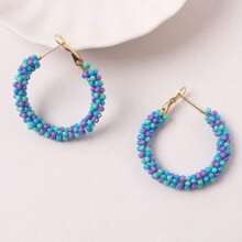 1 Pair Summer Colorful Beaded Earrings, Fashion Gradient Bead C-Shape Earrings, Stylish Vacation Vibe Essential