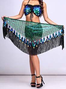 One Women's Belly Dance Hip Towel, A Triangular Coin-Embellished Hip Towel With Tassels And Sequins, Suitable For Music Festival Stage Performance Costumes And Accessories. - Multicolor - View 6