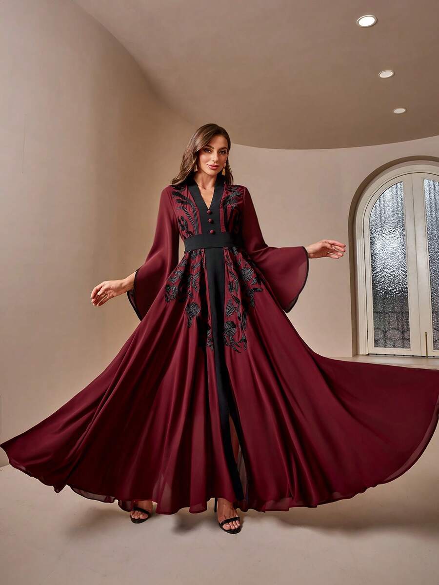 Women's Embroidered V-Neck Color Block Elegant Dress - Burgundy - View 1