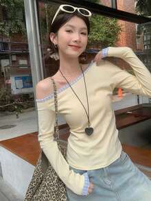 不对称肩长袖 T 恤，性感设计，修身剪裁，不对称下摆女式上衣 - 黃色 - 查看 4