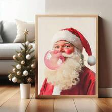 1pc, Canvas Wall Art, Christmas Framed Wall Decor, Fashionable Pink Santa Claus Blowing Giant Pink Bubblegum, Playful Girlish Home Accent, Festive Seasonal Decoration, Adds Joy To The Holidays, Christmas Decor, Christmas Poster, Winter Decor, Christmas Bathroom Accent, Christmas Home Decor, Room Accent, Dormitory Decor, Bedroom Accent, Living Room Decor, Office Decor, Dining Room Accent